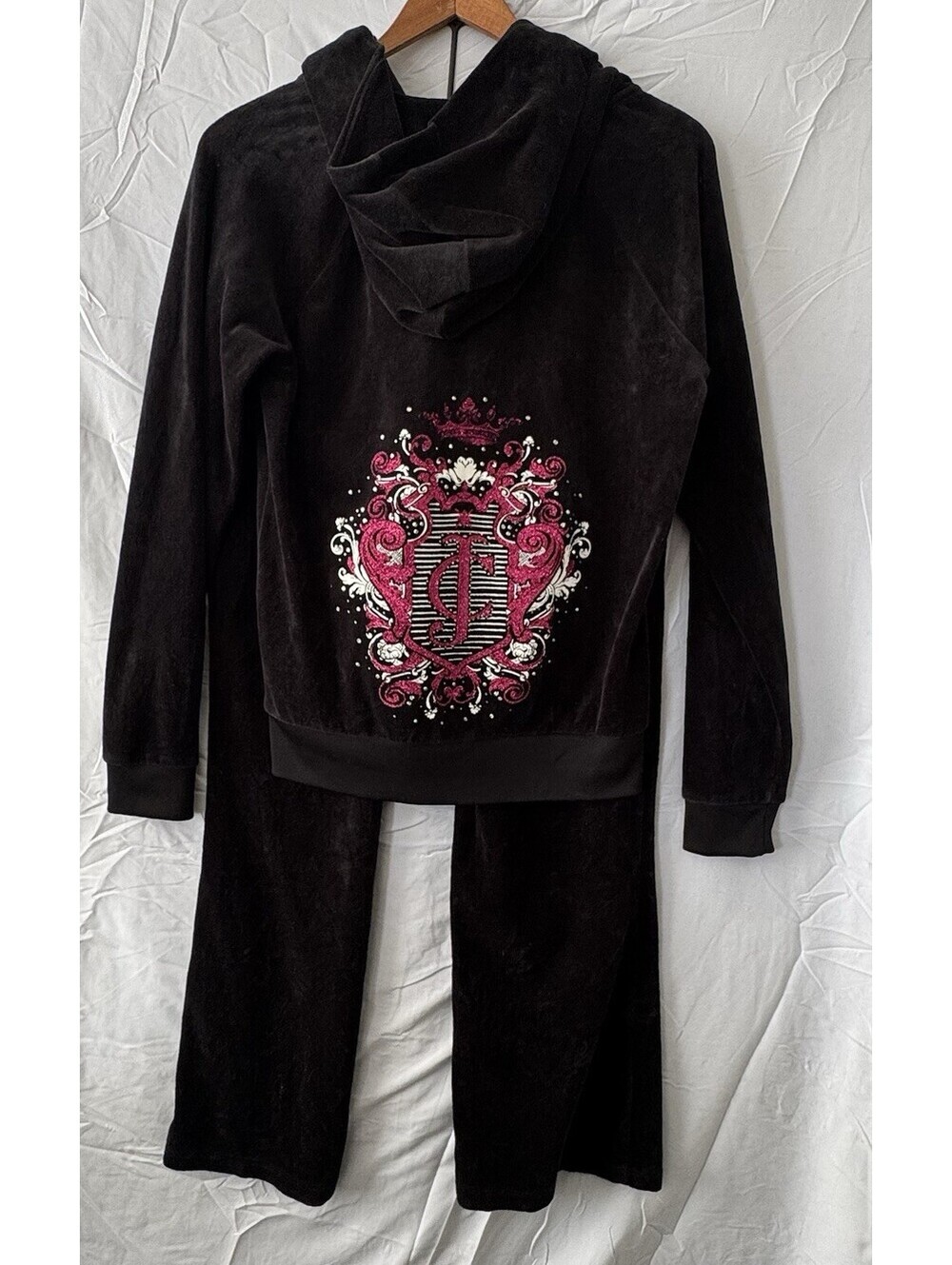 Juicy Couture Tracksuit M Velour Black Pink Glitter Crest Hoodie Pants Set Y2K